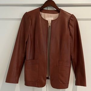 Rebecca Taylor Brown Leather Jacket with Zipper and Puff Sleeves Size 4